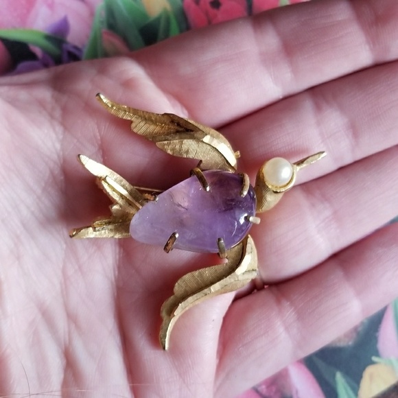 Relisted - Vintage bird brooch Amethyst and faux pearl gold - Picture 2 of 5